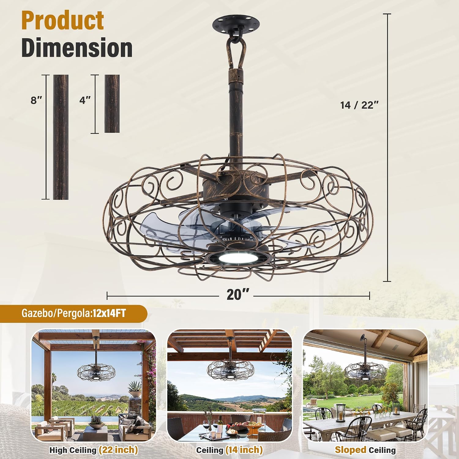 Outdoor Ceiling Fan for Gazebo 20',IP65 Waterproof Plug in Ceiling Fans with Lights and Remote/APP,3CCT 6-Speed Hanging Fan for Patios Porch Pergola(Bronze)