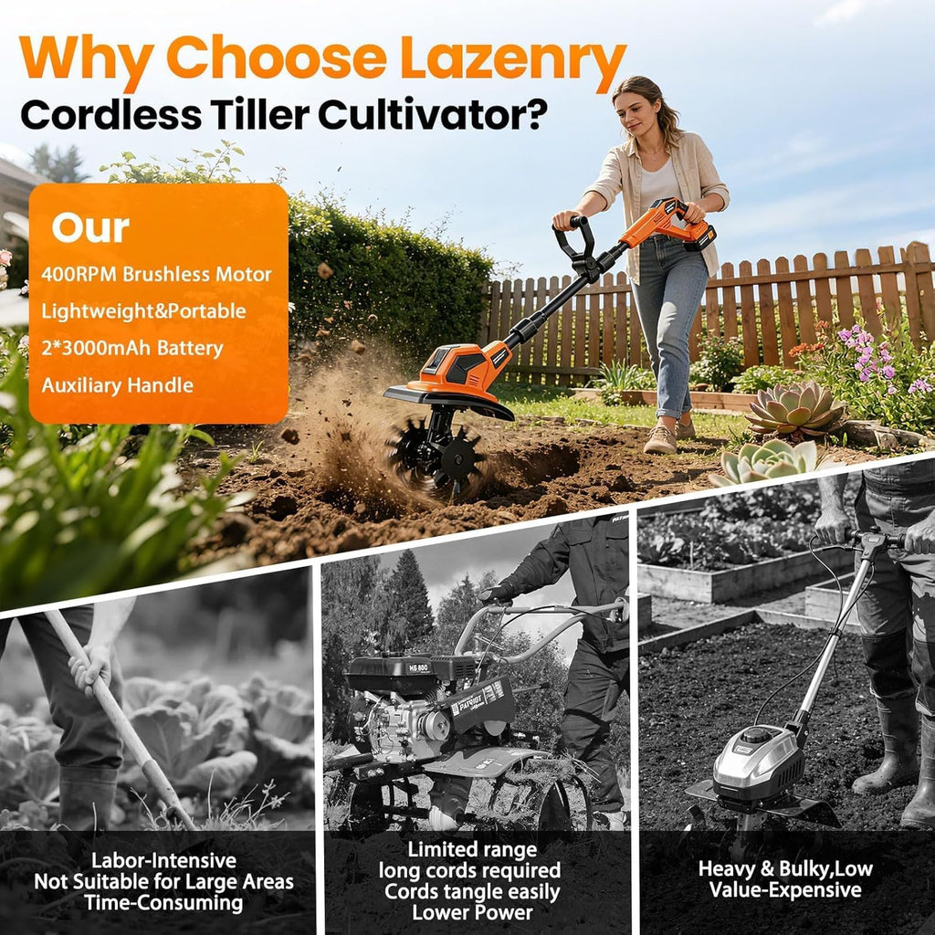20V Cordlees Tiller Cultivator for Gardening, 400RPM Brushless Electric Garden Tiller Battery Powered((2*3.0Ah Battery&Charger), 9.5'Width 7'Depth, Garden Rototiller for Yard/Lawn/Soil Tiller (Orange)