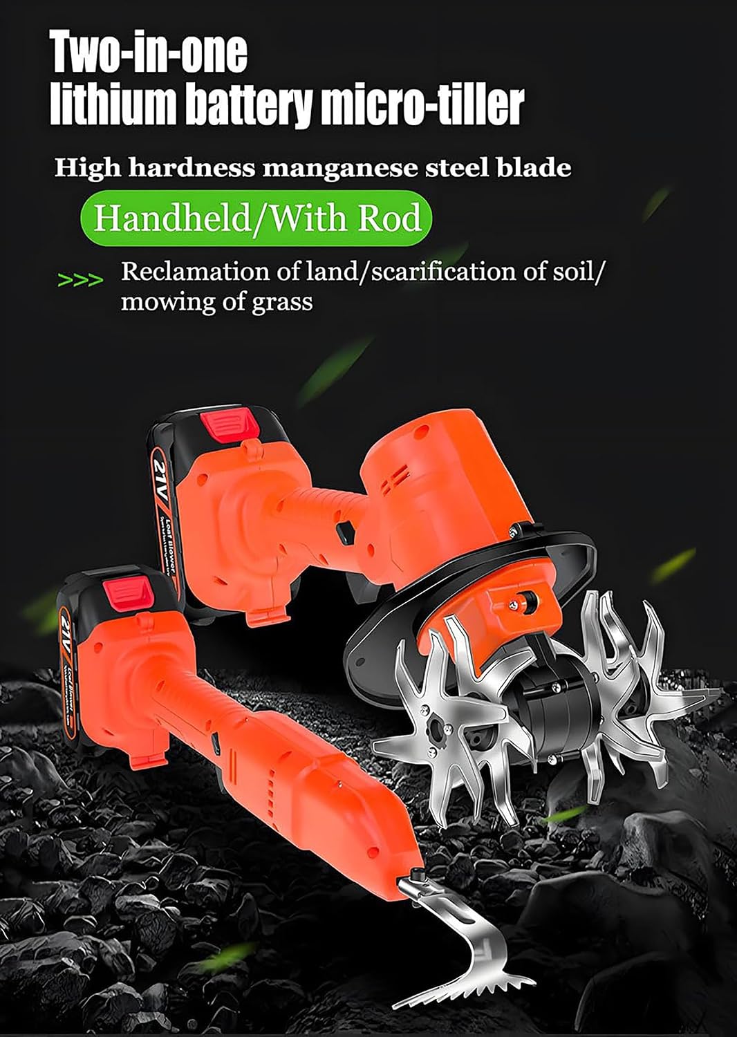 2 in 1 Cordless Tiller Cultivator with Electric Digging Hoe, Electric Garden Rotavator, with Telescopic Pole and 2 Batteries, 10Cm Tilling Width & Depth, Lightweight Rototiller for Gardening
