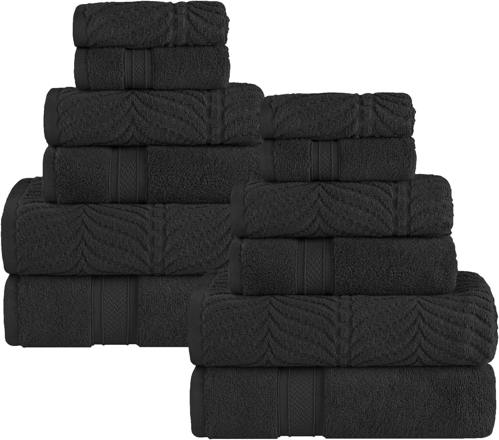 Superior Cotton Chevron 12 Piece Assorted Towel Set, Zero Twist, Quick Dry, Home Essentials, Shower, Spa, Luxury Plush Soft Absorbent Towels, Includes 4 Bath, 4 Hand, 4 Washcloth/Face Towels, Black
