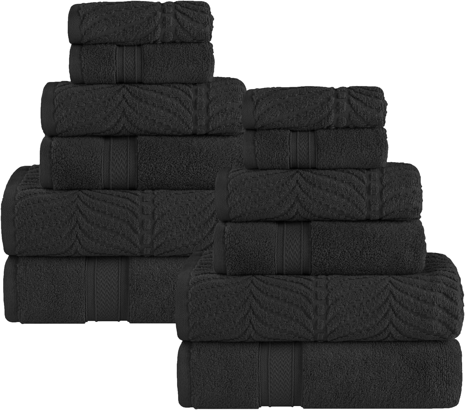 Superior Cotton Chevron 12 Piece Assorted Towel Set, Zero Twist, Quick Dry, Home Essentials, Shower, Spa, Luxury Plush Soft Absorbent Towels, Includes 4 Bath, 4 Hand, 4 Washcloth/Face Towels, Black
