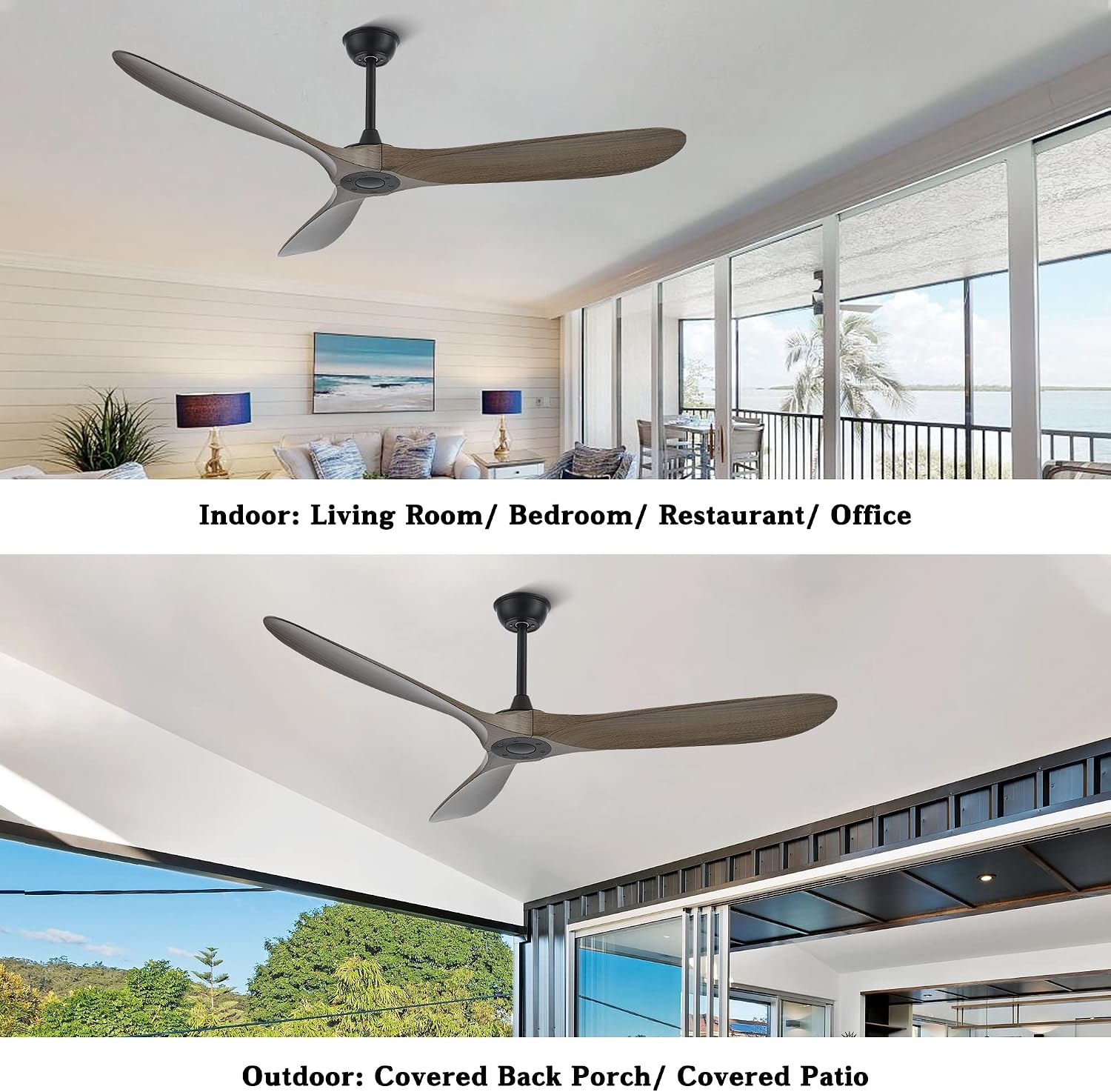 60 Inch Indoor/Outdoor Ceiling Fan with Remote Control, Modern Ceiling Fan with DC Quiet and Reversible Motor,3 ABS Imitation Wood Walnut Blades for Living Room,Farmhouse,Patio,Bedroom