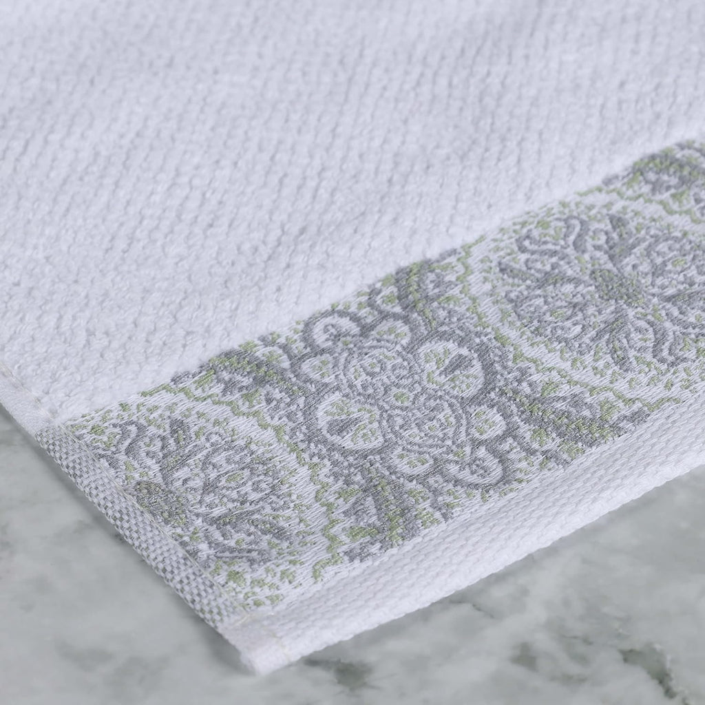 Superior Medallion Cotton 12 Piece Assorted Towel Set, Absorbent, Textured, Quick-Dry, Shower, Spa Basics, Solid White, Color Border, Includes 2 Bath Towels, 5 Hand Towels, 5 Face Towels, White-Silver
