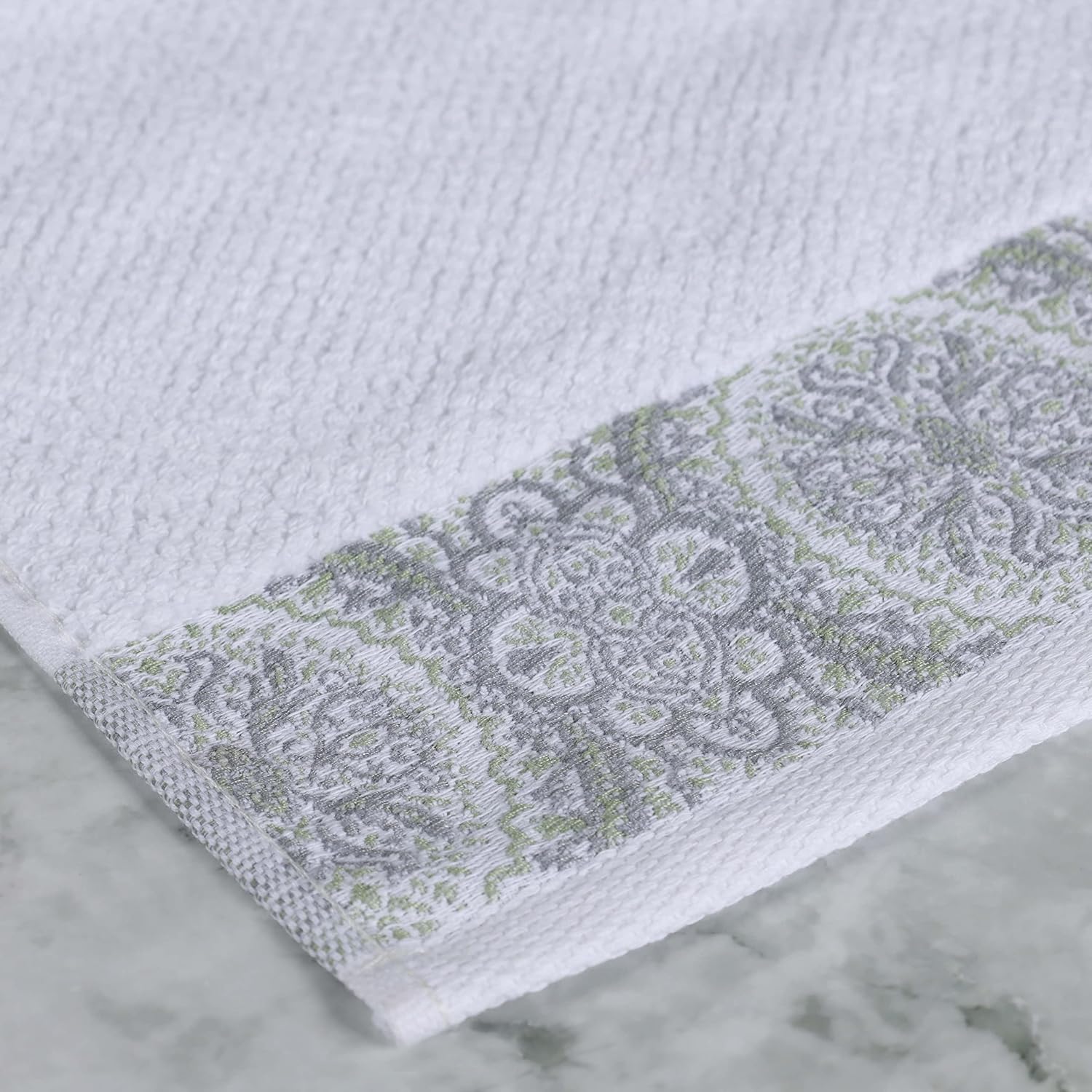 Superior Medallion Cotton 12 Piece Assorted Towel Set, Absorbent, Textured, Quick-Dry, Shower, Spa Basics, Solid White, Color Border, Includes 2 Bath Towels, 5 Hand Towels, 5 Face Towels, White-Silver