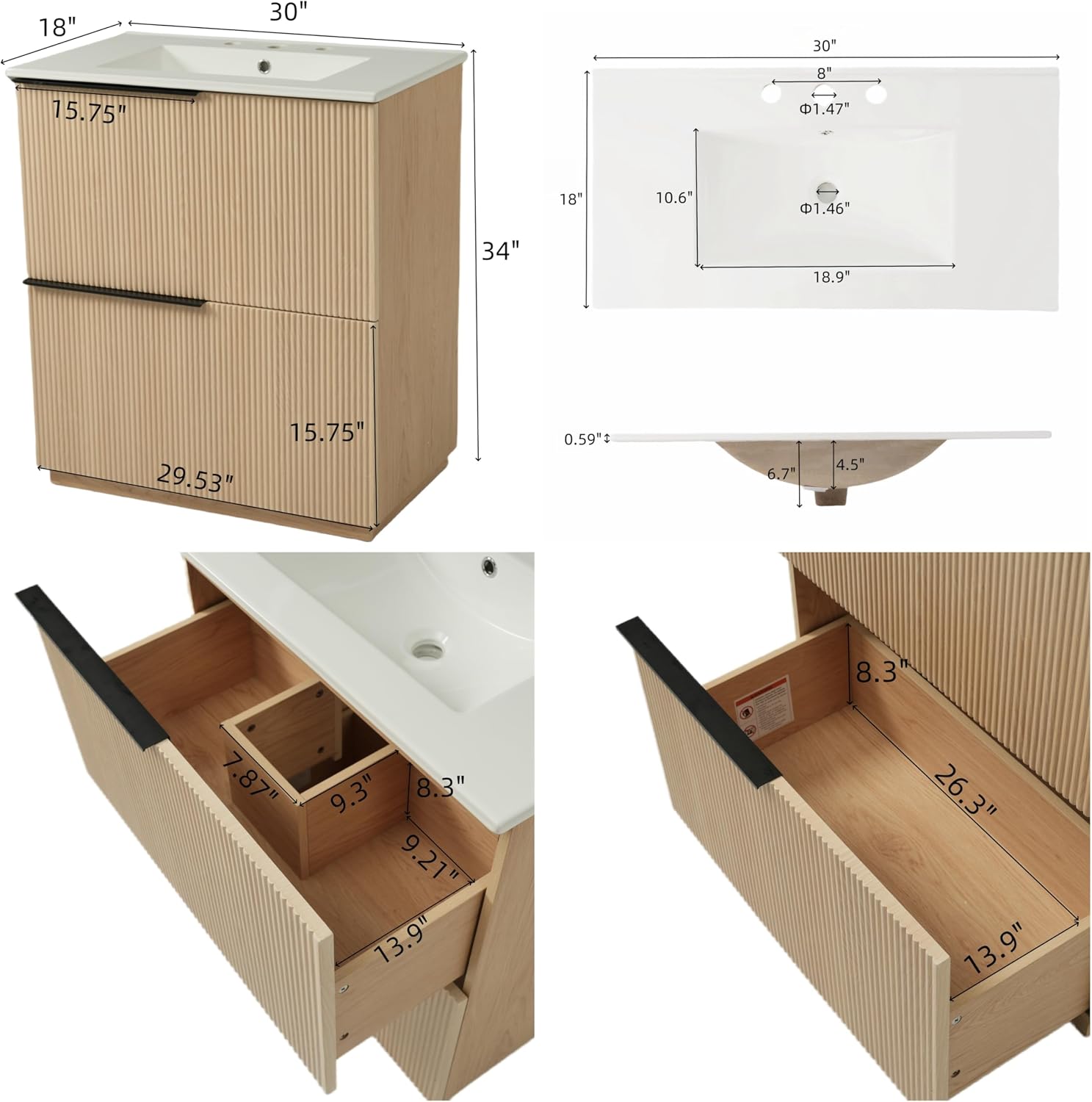 Christopher Knight Home Byron 30' Bathroom Vanity with Sink, Modern Freestanding Bathroom Sink Cabinet with Drawer, Undermount Vanity Sink Cabinet, Bathroom Storage Cabinet with Sink Combo Set,Natural