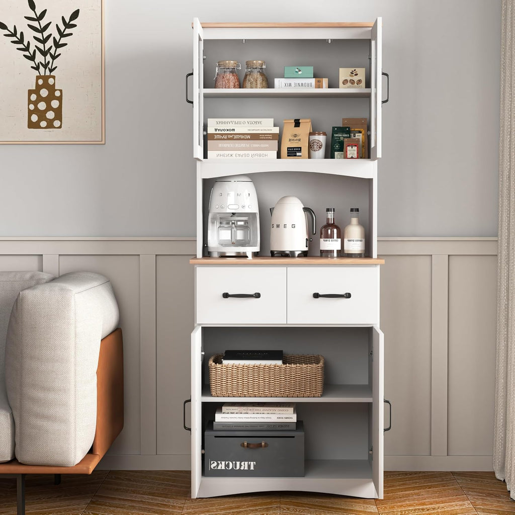 GDFStudio Wooden Kitchen Pantry Cupboard with Framed Glass Doors & Drawer, Freestanding Storage Cabinet Hutch, Kitchen Living Room Rectangle Storage Cabinet, Home Organization Cupboard, White