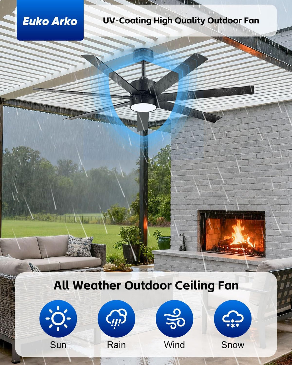 56 Inch Waterproof Wet Rated Outdoor Ceiling Fan with Light and Remote, 7 All-Weather Black Blades with UV Coating, High CFM Quiet DC Motor, for Commercial Patios, Exterior Porches & Gazebos