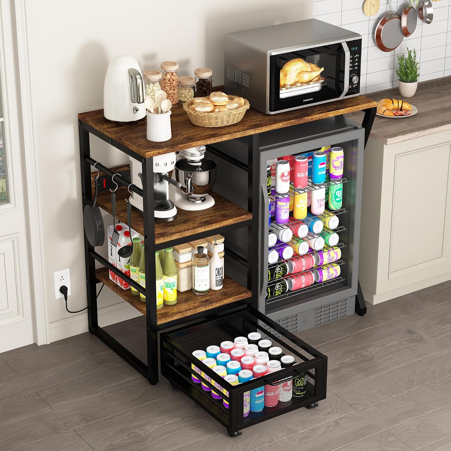 Beverage & Wine Fridge Stand with Movable Basket, Coffee Bar Cabinet with Mini Fridge Space and Power Outlet, Kitchen Storage Organizer with Worktop, Microwave Oven Stand Rack for Home, Dorm, Office
