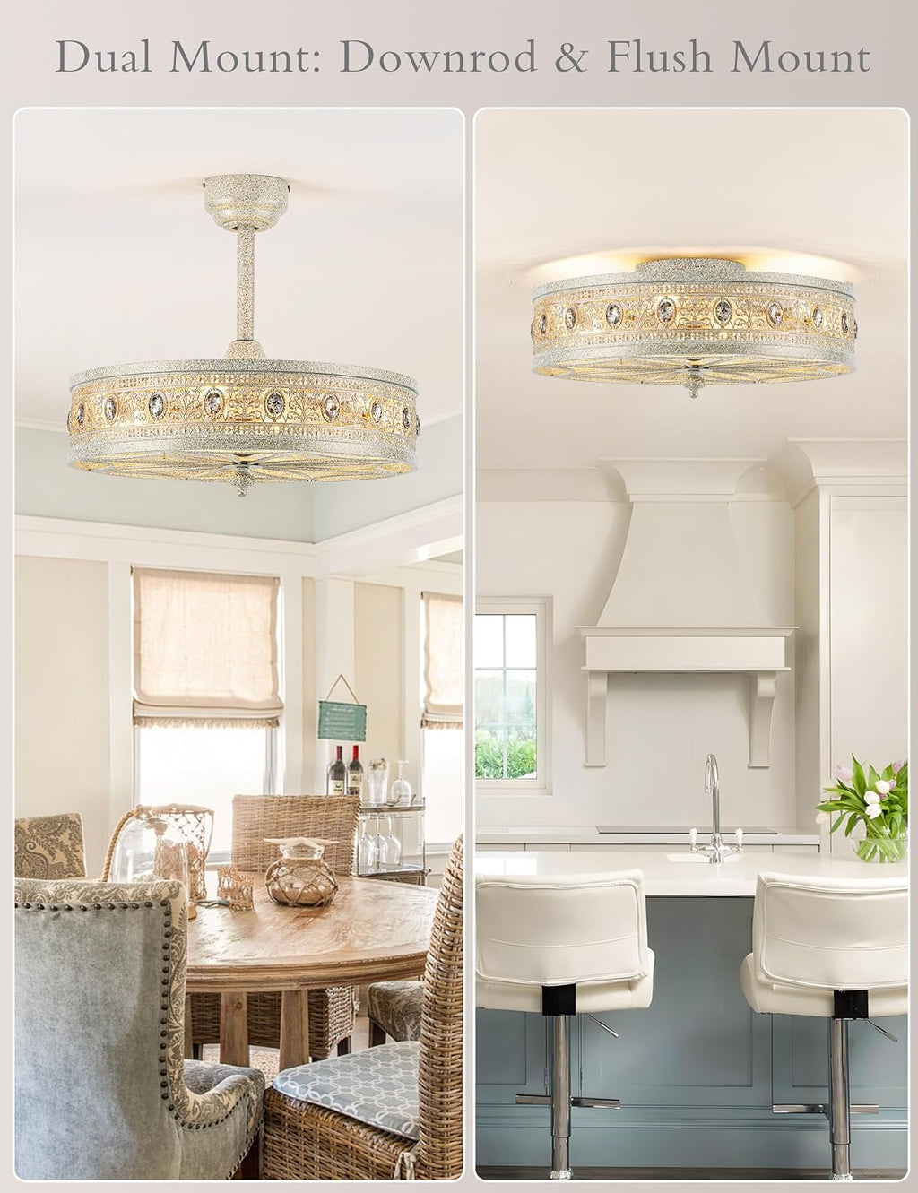 Art Deco Chandelier Ceiling Fan with Light,Antique Coastal Ornate Caged Bladeless Fandelier,Glam Statement Crystal Light Fixture,Hanging/Flush Mount for Bedroom,Dining Room,Living Room,Kitchen Island