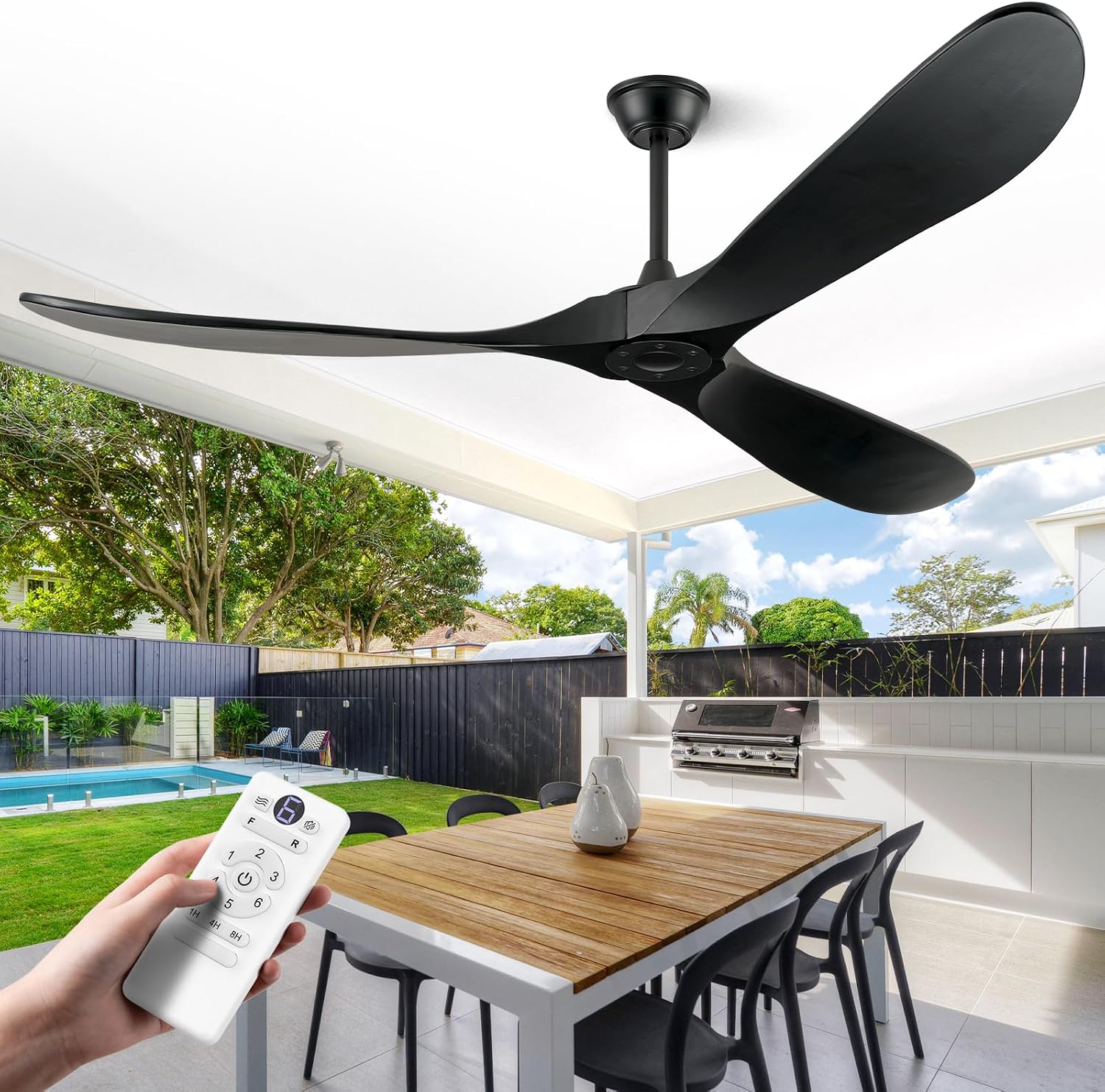 ABZ 72 Inch Ceiling Fans without Lights, Large Ceiling Fans no Lights with Remote Control, 3 Blade Solid Wood Indoor Black Outdoor Ceiling Fan for Patios Living Room Bedroom