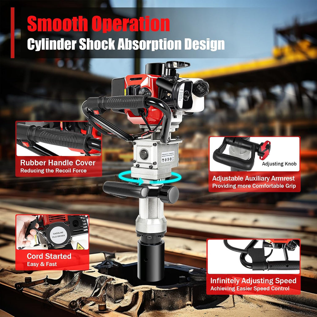 32.6CC 2 Stroke Gas Powered T-Post Driver, 0.9KW Gas Post Pounder Pile Driver, Single Cylinder Air Cooled Fence Post Driver Hammer with Hand Pull Start & 0.23 Gal Fuel Tank for Gardening Road Fencing