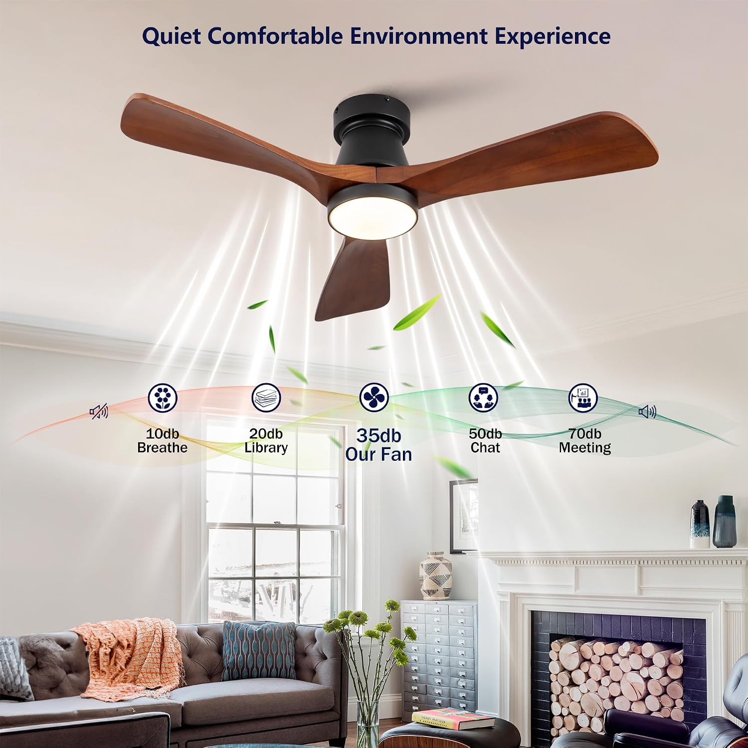 42 Inch Black Flush Mount Ceiling Fan with Light: Dimmable LED (3 Colors), Indoor,Outdoor Reversible DC Motor, 3 Solid Wood Blades for Bedroom, Patio.