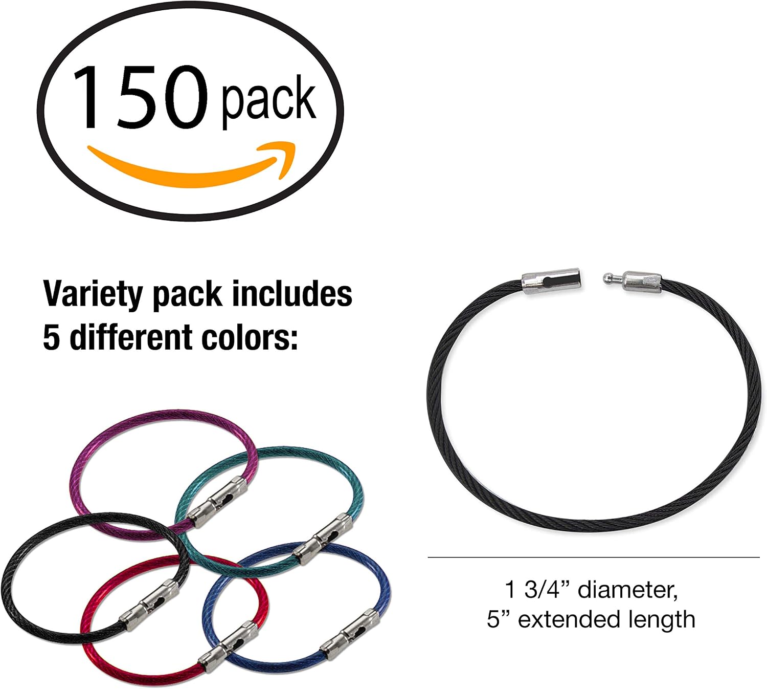 Lucky Line 5'' Flex-O-Loc Cable Key Ring, Galvanized Steel, Corrosion-Resistant, 150 Count Jar, Assorted Colors, 71125