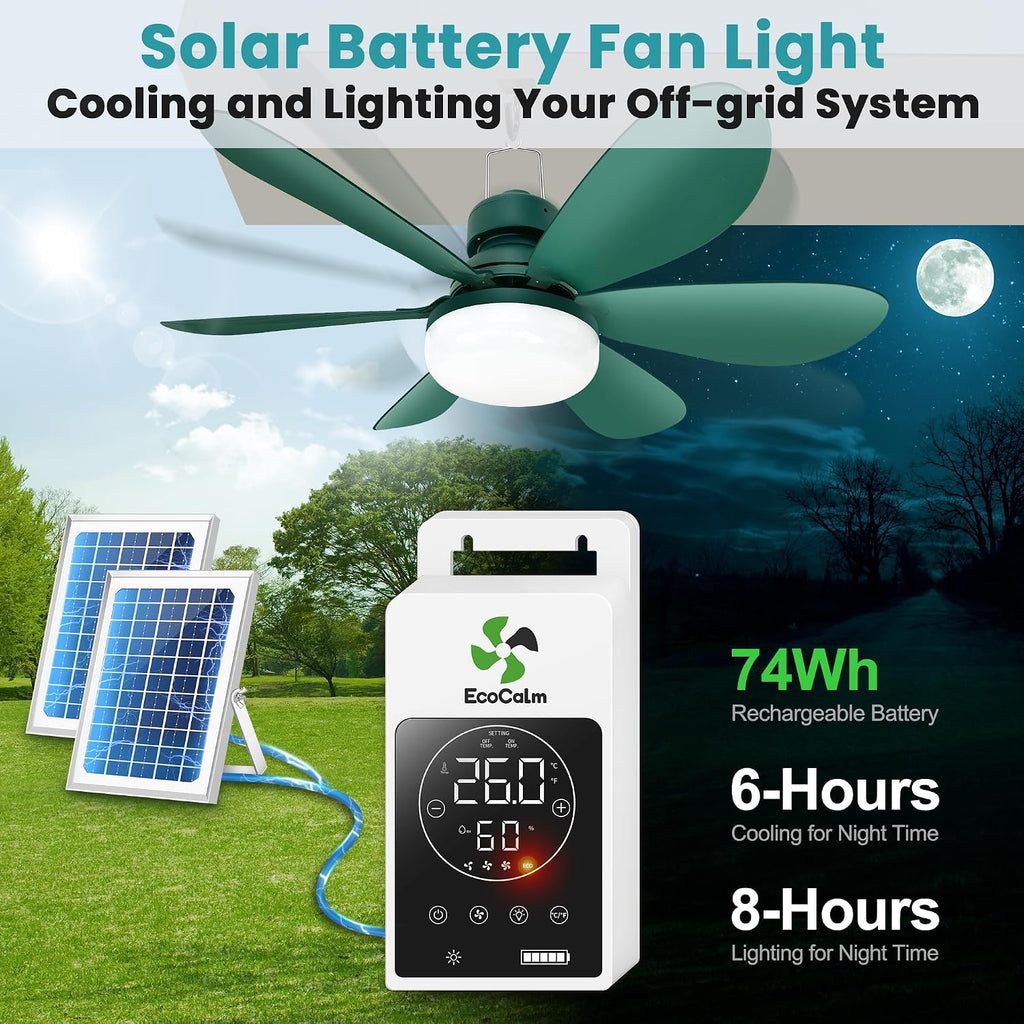 Solar Ceiling Fan Light with Battery and Adjustable Thermostat, 20' Outdoor Ceiling Fans for Gazebo with 2pcs 15W Bifacial Solar Panels, Solar Powered Canopy Fan for Patio, Sunroom, RV(Green)