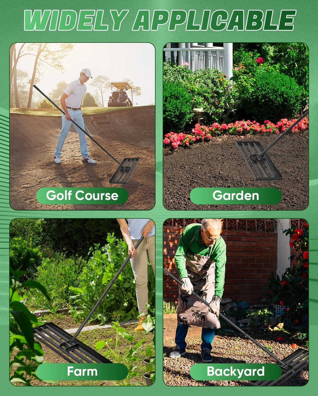 Saker 22V Cordless Electric Garden Tiller Cultivator with Saker Lawn Leveling Rake 30x10 Inch, 73-Inch Heavy Duty Lawn Leveler Tool