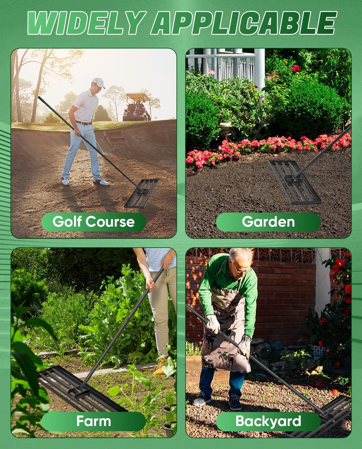 Saker 22V Cordless Electric Garden Tiller Cultivator with Saker Lawn Leveling Rake 30x10 Inch, 73-Inch Heavy Duty Lawn Leveler Tool