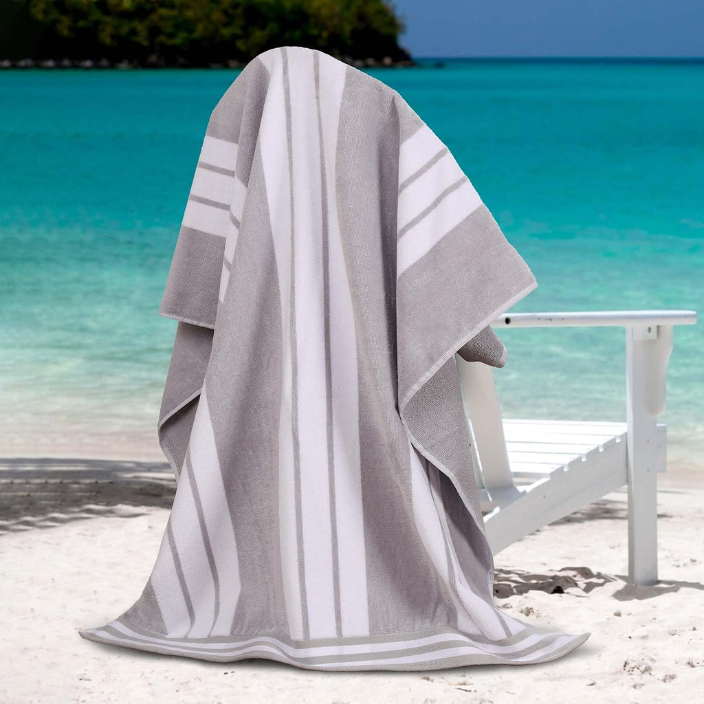 Superior Oversized Cotton Beach Towel Set of 6, Absorbent Towels for Bathroom, Beach, Pool, Swim, Adults, Kids, Vacation, Travel, Bath, Quick Dry Basics, Trip Essentials, Striped Decor, Light Grey