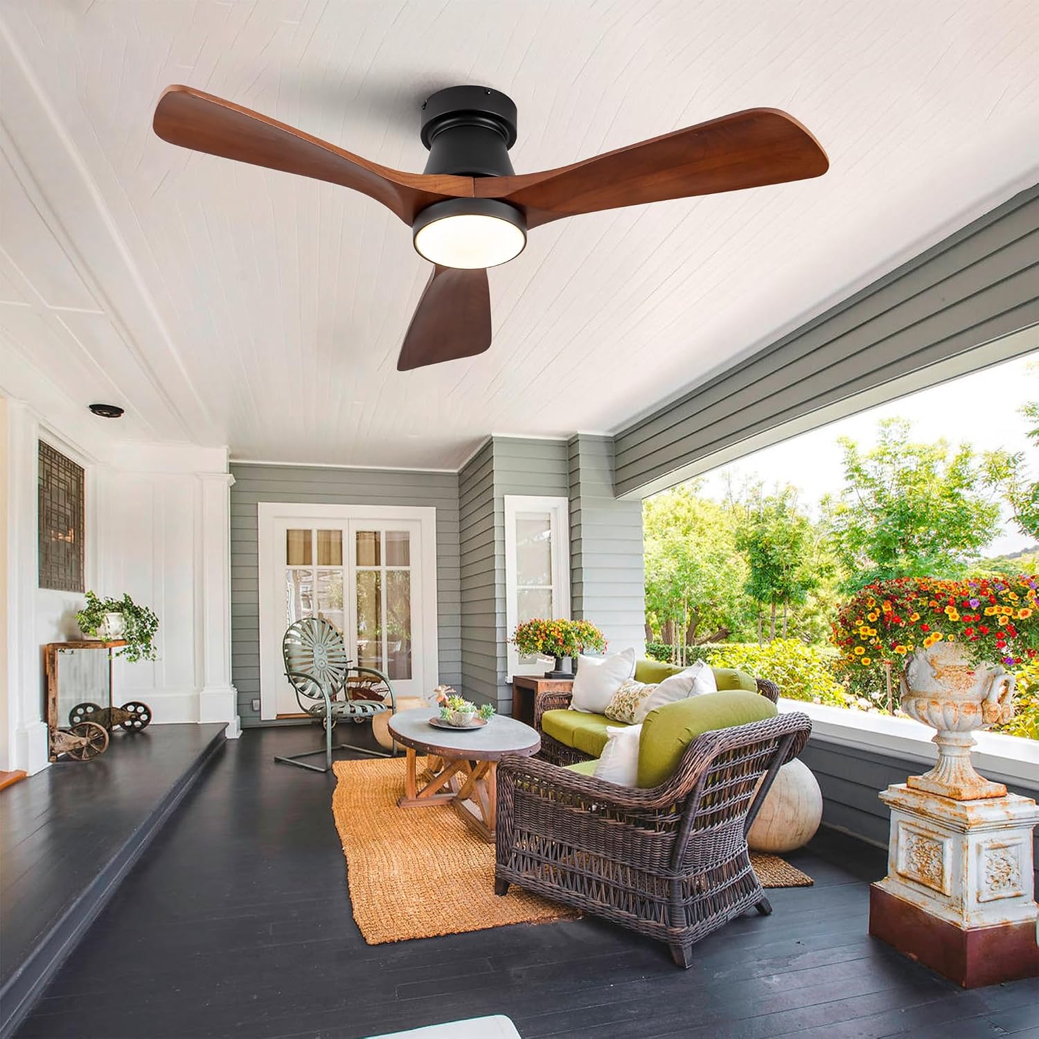 42 Inch Black Flush Mount Ceiling Fan with Light: Dimmable LED (3 Colors), Indoor,Outdoor Reversible DC Motor, 3 Solid Wood Blades for Bedroom, Patio.