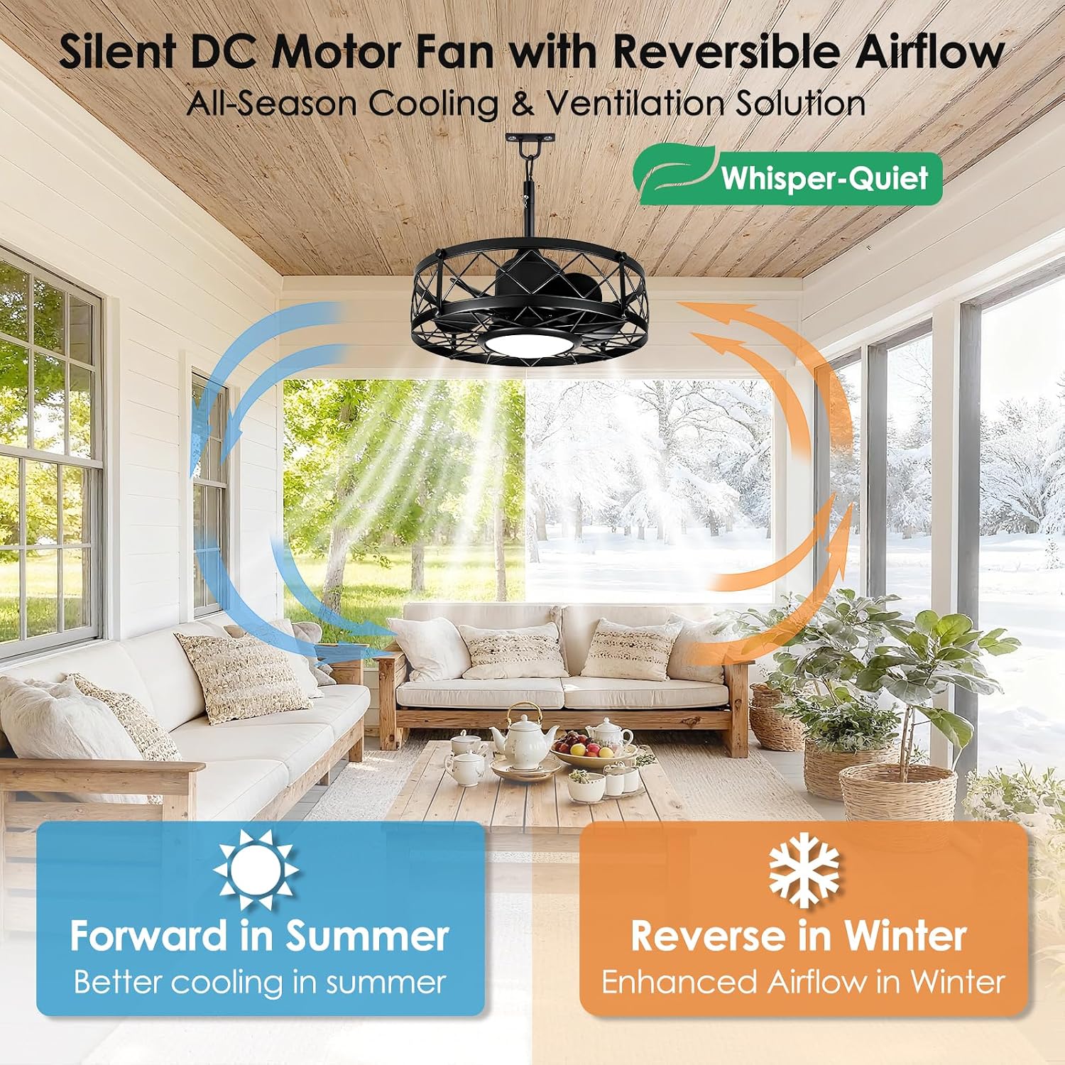 ropelux Outdoor Ceiling Fans with Light,Waterproof Ceiling Fan Light with Remote & APP Control,20 Inch Plug in Caged with Dimmable 3CCT 6-Speeds,Noiseless for Gazebo Patio Porch (Black, 20inch)