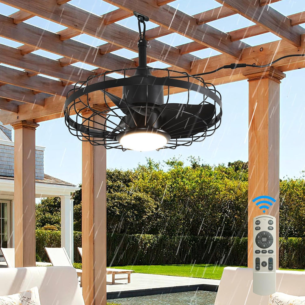 20' Outdoor Ceiling Fan with Lights,Waterproof Hanging Fan with Remote Control, Plug in Caged Ceiling Fan with 6-Speeds(Black)