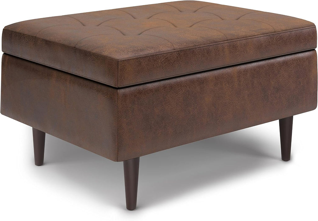 SIMPLIHOME Shay Coffee Table Storage Ottoman - 34 inch Wide Upholstered Vegan Leather Small Rectangle Ottoman in Distressed Chestnut Brown, Mid-Century Modern Tufted Ottoman for Entryway with Lift Top