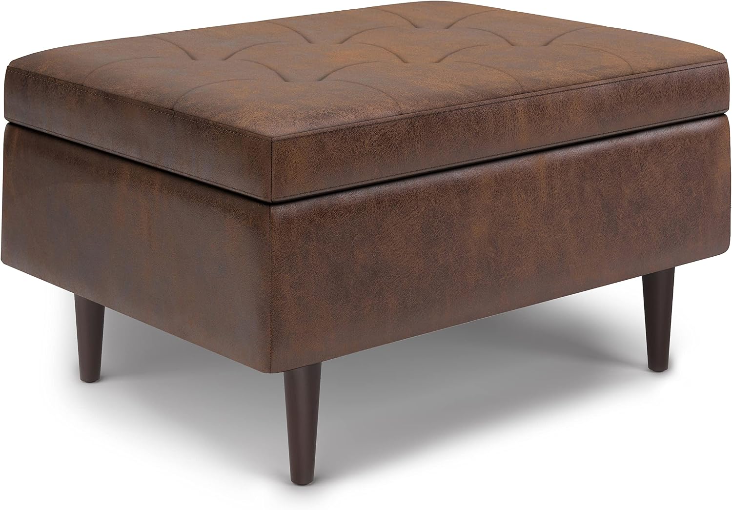 SIMPLIHOME Shay Coffee Table Storage Ottoman - 34 inch Wide Upholstered Vegan Leather Small Rectangle Ottoman in Distressed Chestnut Brown, Mid-Century Modern Tufted Ottoman for Entryway with Lift Top