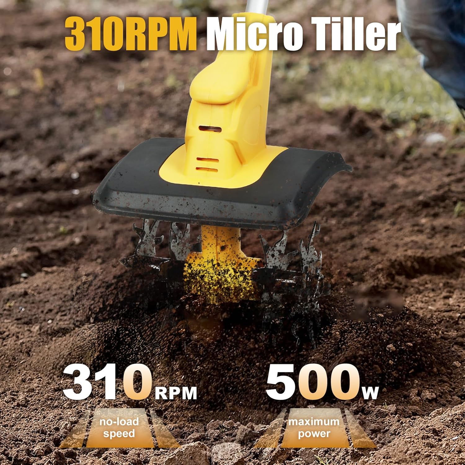 21V Cordless Tiller Cultivator, Battery Powered Electric Tiller with 9-Inch Tilling Width & 6.6-Inch Depth, 310RPM, 48 Steel Tines, 2x3000mAh Batteries, Max Power 500W (Yellow)
