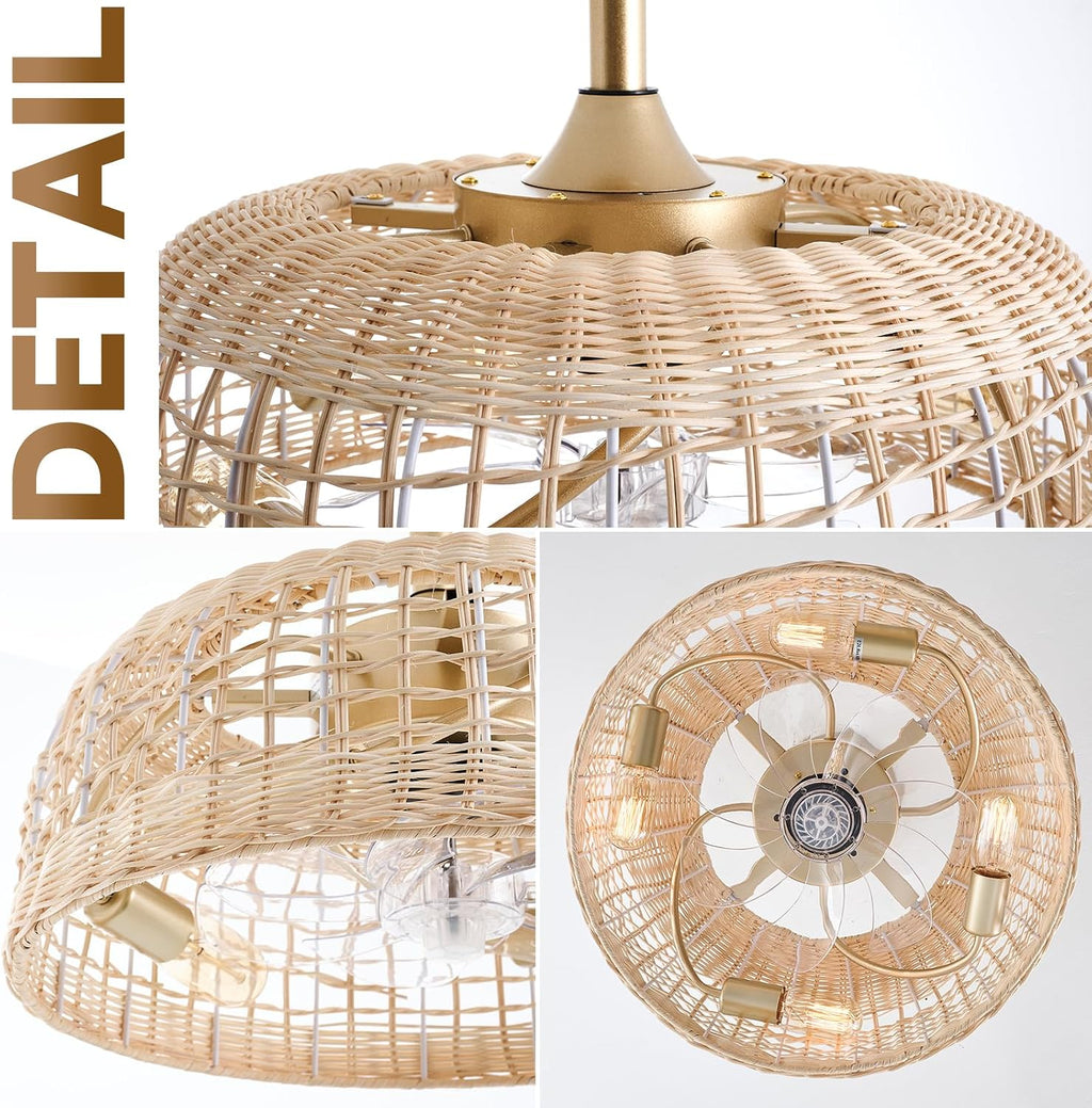 Boho Ceiling Fans with Lights 18.9in Wicker Fandelier Caged Ceiling Fan with Lighting Rattan Fandeliers for Bedroom Kitchen Dining Room Nursery Living Room, Remote Control 6 Speeds E26 Base