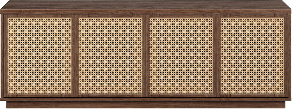 Henn&Hart 2-Tone TV Stand for TVs up to 78' with 2 Concealed Storage Cabinets, Rattan Insert Detailing, and Adjustable Shelves for Living Room, Family Room, or Office, Medium Walnut/Natural Rattan
