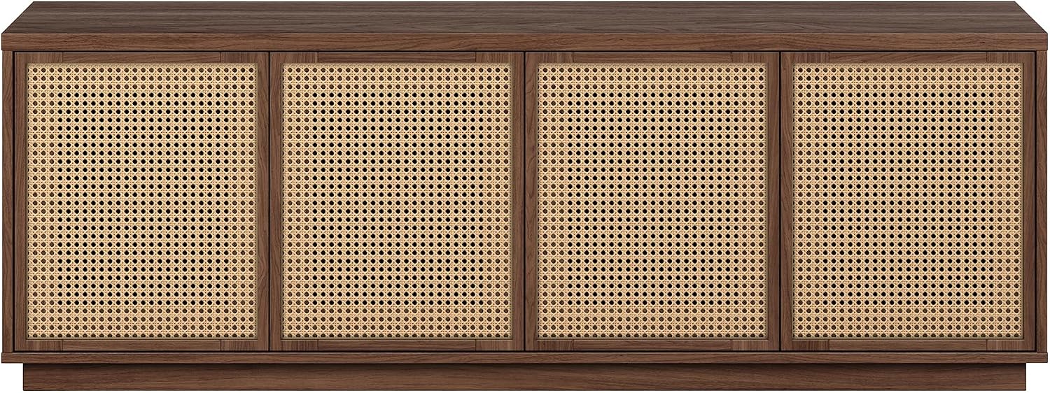 Henn&Hart 2-Tone TV Stand for TVs up to 78' with 2 Concealed Storage Cabinets, Rattan Insert Detailing, and Adjustable Shelves for Living Room, Family Room, or Office, Medium Walnut/Natural Rattan