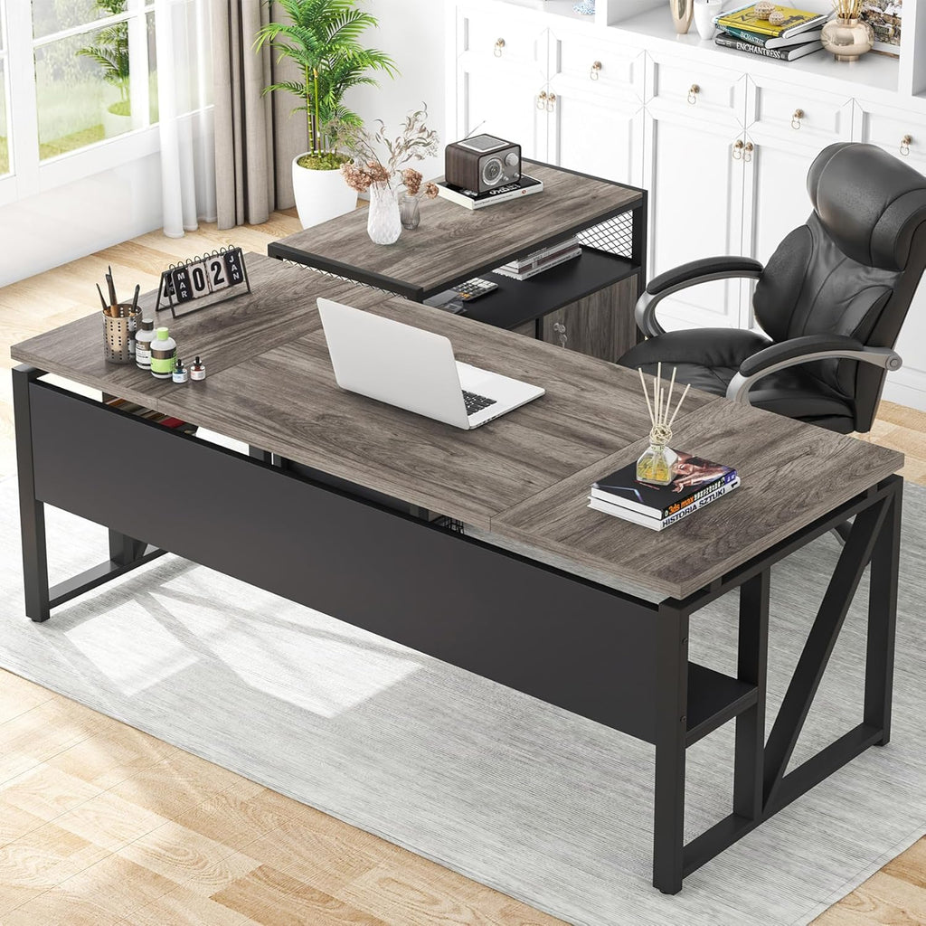 Tribesigns L Shaped Desk with Drawer Cabinet, 63' Executive Computer Desk and lateral File Cabinet, 2 Piece Home Office Furniture with Drawers for Hanging File, Doors with Locks (Gray, 63 inches)