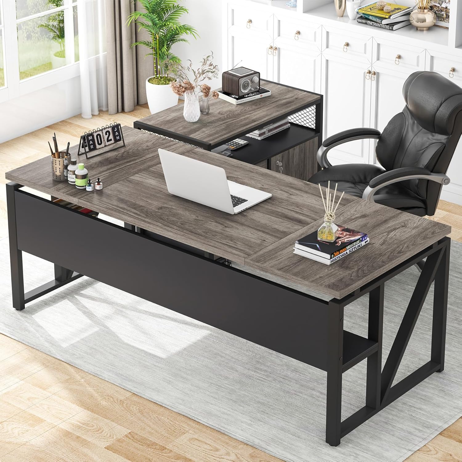 Tribesigns L Shaped Desk with Drawer Cabinet, 63' Executive Computer Desk and lateral File Cabinet, 2 Piece Home Office Furniture with Drawers for Hanging File, Doors with Locks (Gray, 63 inches)