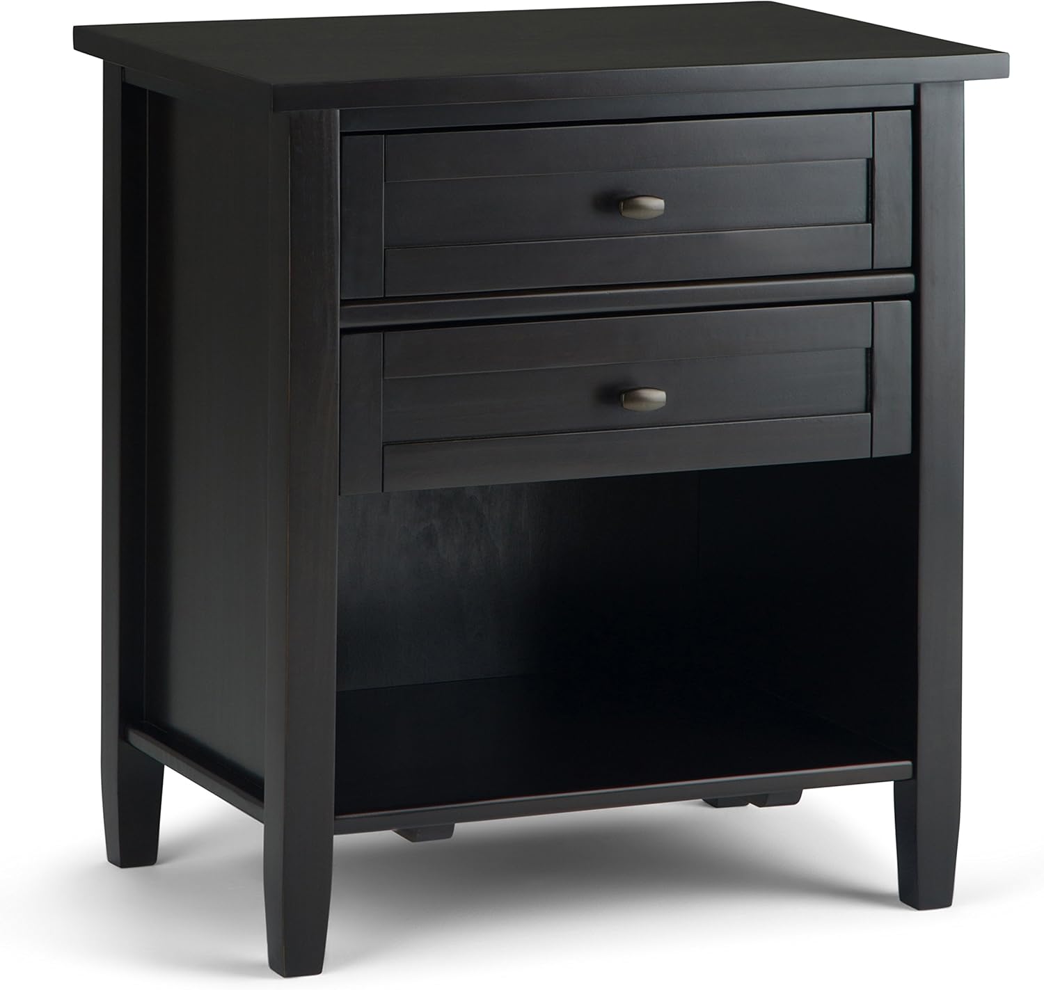 SIMPLIHOME Warm Shaker Bedside Table - 24 inch Wide Solid Wood Nightstand in Hickory Brown, Transitional Bedroom Side or End Table with 2 Drawers, Open Shelf Storage and Bronze Hardware