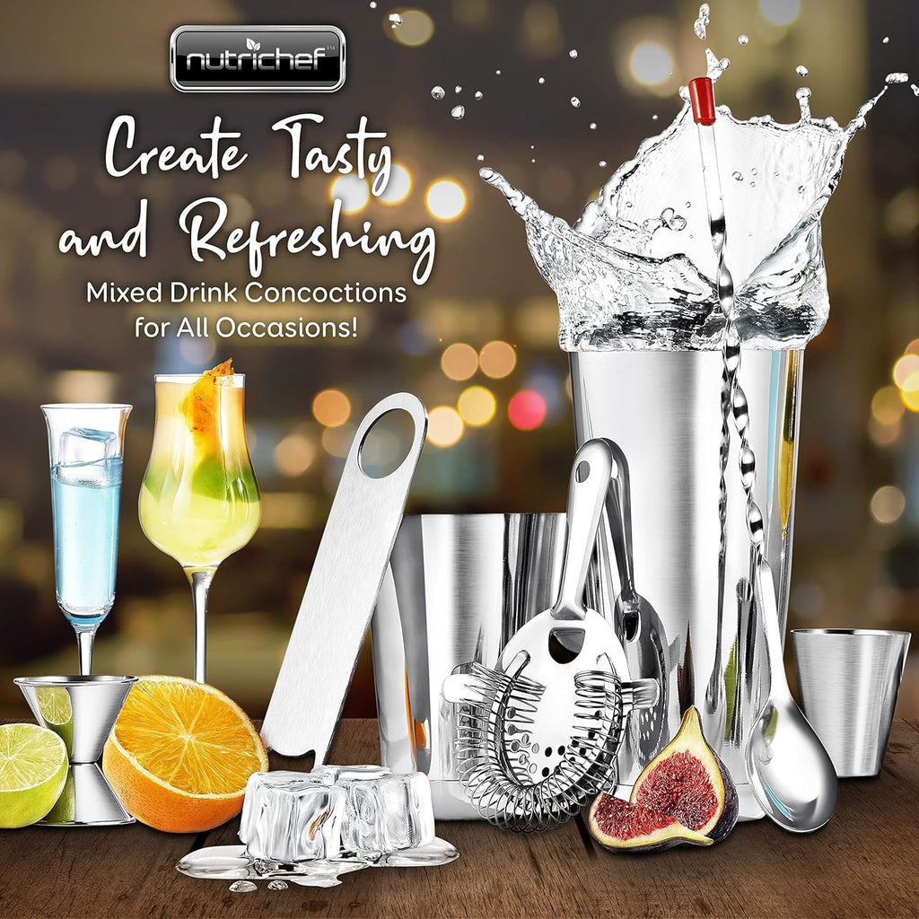 NutriChef Mixology Bartender Cocktail Shaker Set-Includes 15&30 oz Stainless Steel Shakers,6 Bottle Pourers&More-Essential Martini Making Kit-Drink Mixing Set-15 Piece Cocktail Bar_Set (Pack of 12)