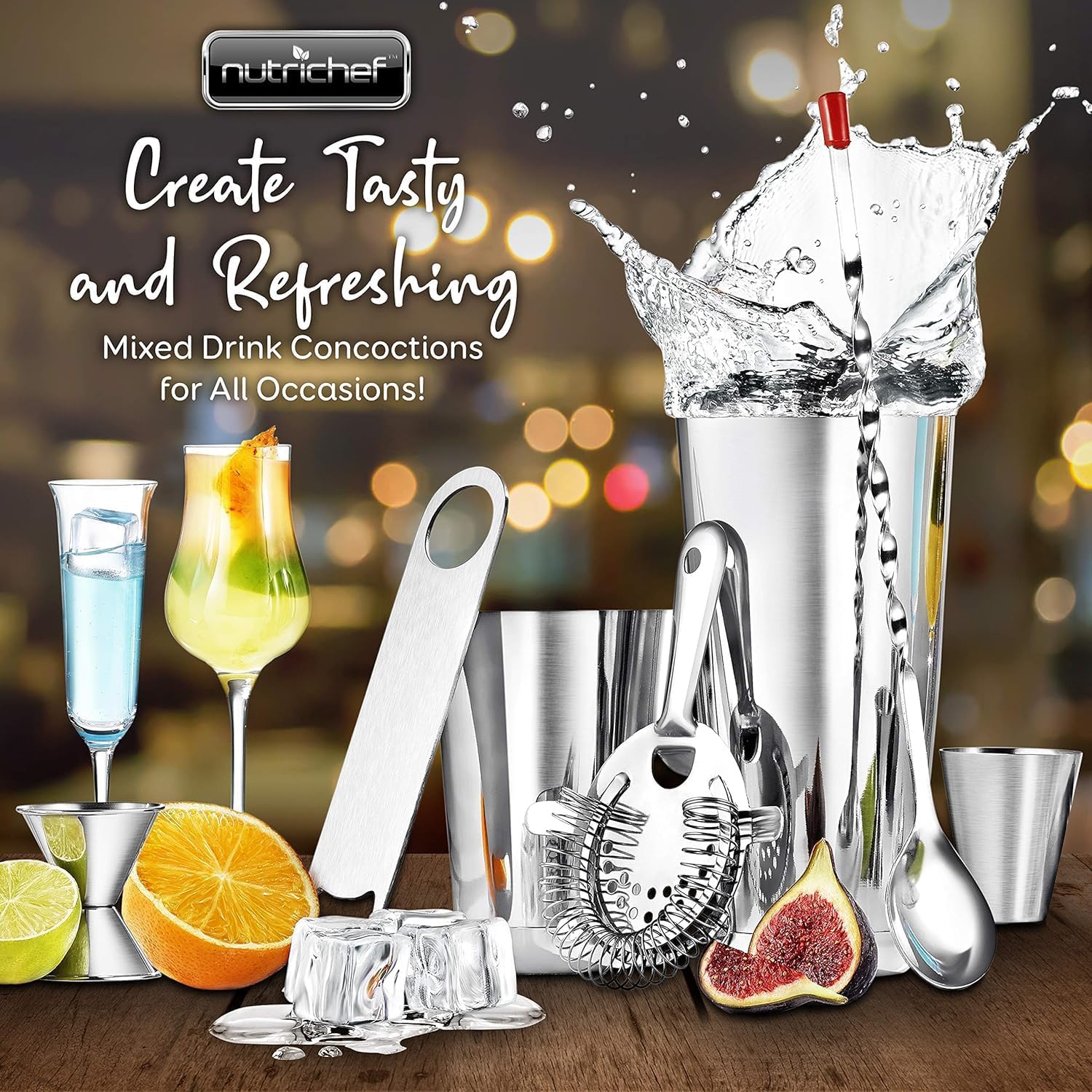 NutriChef Mixology Bartender Cocktail Shaker Set-Includes 15&30 oz Stainless Steel Shakers,6 Bottle Pourers&More-Essential Martini Making Kit-Drink Mixing Set-15 Piece Cocktail Bar_Set (Pack of 12)