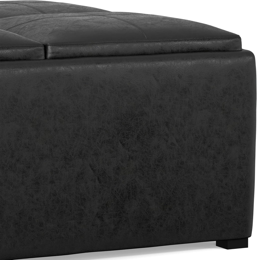 SIMPLIHOME Avalon Wide Contemporary Square Coffee Table Storage Ottoman, Distressed Black, Table Ottoman