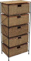 Household Essentials 5 Drawer Seagrass Wicker Storage Tower with Handwoven Rattan Design and Strong Metal Frame, Natural Rustic Modern Finish