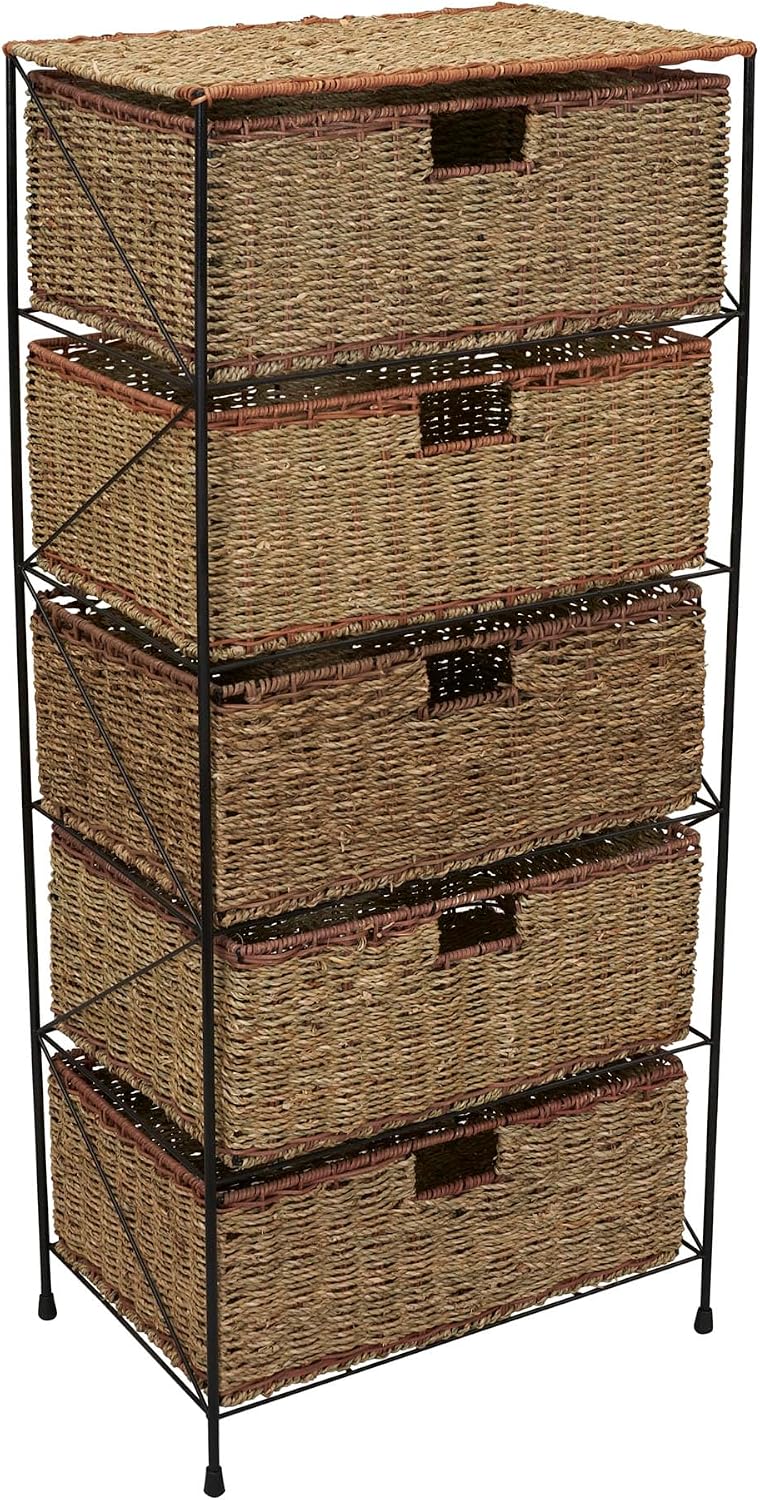 Household Essentials 5 Drawer Seagrass Wicker Storage Tower with Handwoven Rattan Design and Strong Metal Frame, Natural Rustic Modern Finish