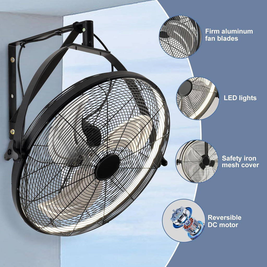 AHAWILL 16 Inch Wall Mount Fan with Lights,6-Speed High Velocity Wall Fan Dimmable Gazebo Fan,360°Adjustable Tilt Industrial Outdoor Fans for Patio,Garage,Workshop,Commercial,Black