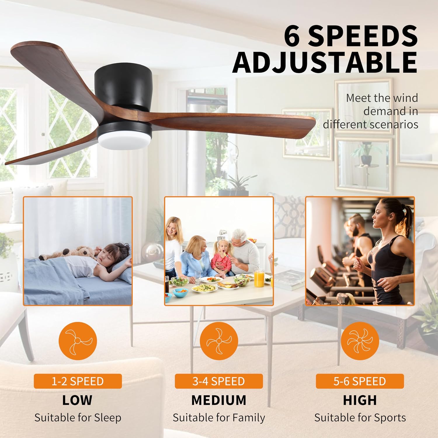42 inch Black Wood Ceiling Fans with Lights and Remote, Flush Mount Low Profile Ceiling Fan with Light, 6 Speed, Reversible DC Motor, for Bedroom,Outdoor,Farmhouse,Patios