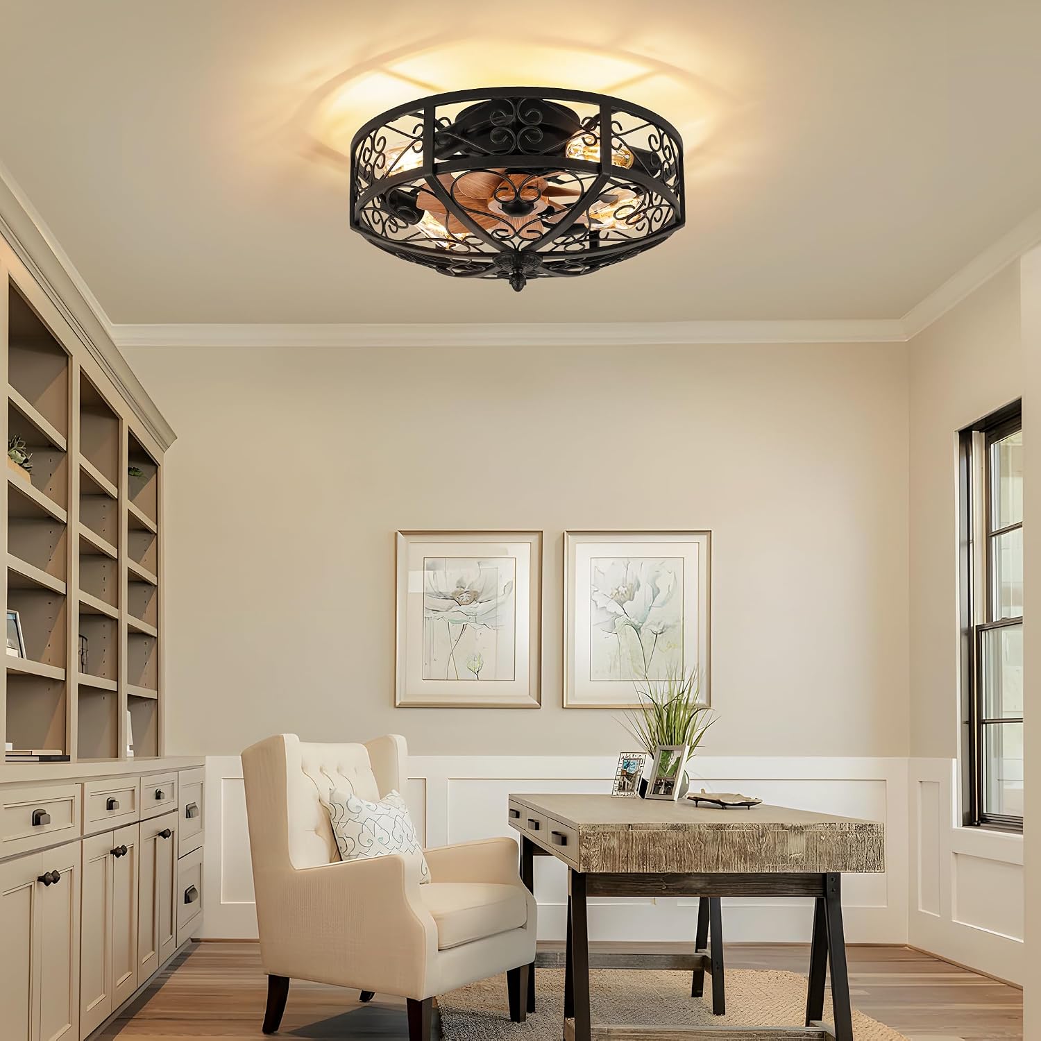 TIFEROR Vintage Ceiling Fan with Light, 20' Modern Enclosed Ceiling Fan with Remote Control, Low Profile Flush Mount for Hallway, Kitchen, Bedroom (Black, 5 E26 Bulbs Included)