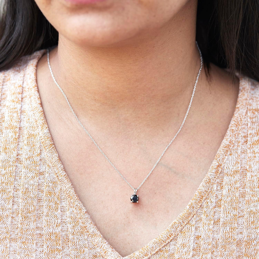 DEWBERRY 1/4 cttw to 2.00 cttw Round Black Diamond Solitaire Pendant Necklace for Women Men | 4 Prong Lobster Lock 18' Cable Chain Necklace in 14KT White or Yellow Gold Plating 925 Silver Pendant