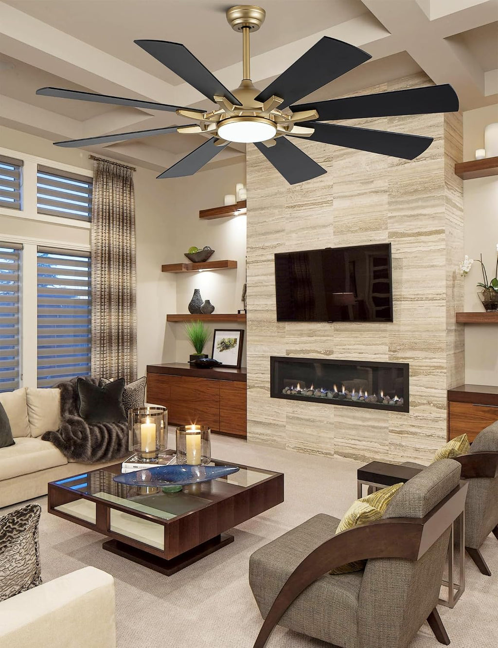 60 Inch Ceiling Fans with Lights, Black and Gold Modern Ceiling Fan with Remote Control for Living Room Kitchen, 3 CCT, 6 Speed Reversible DC Motor