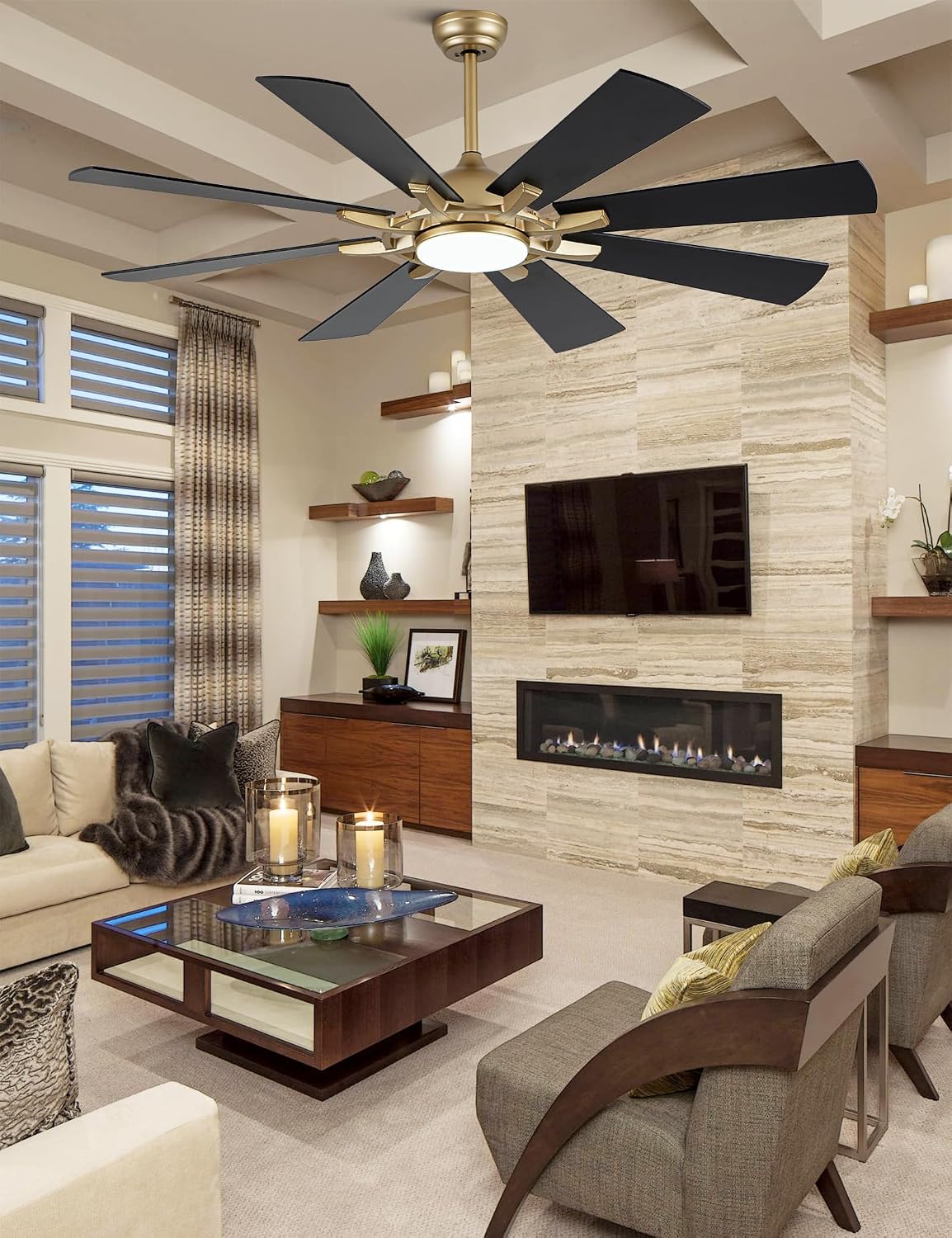 60 Inch Ceiling Fans with Lights, Black and Gold Modern Ceiling Fan with Remote Control for Living Room Kitchen, 3 CCT, 6 Speed Reversible DC Motor
