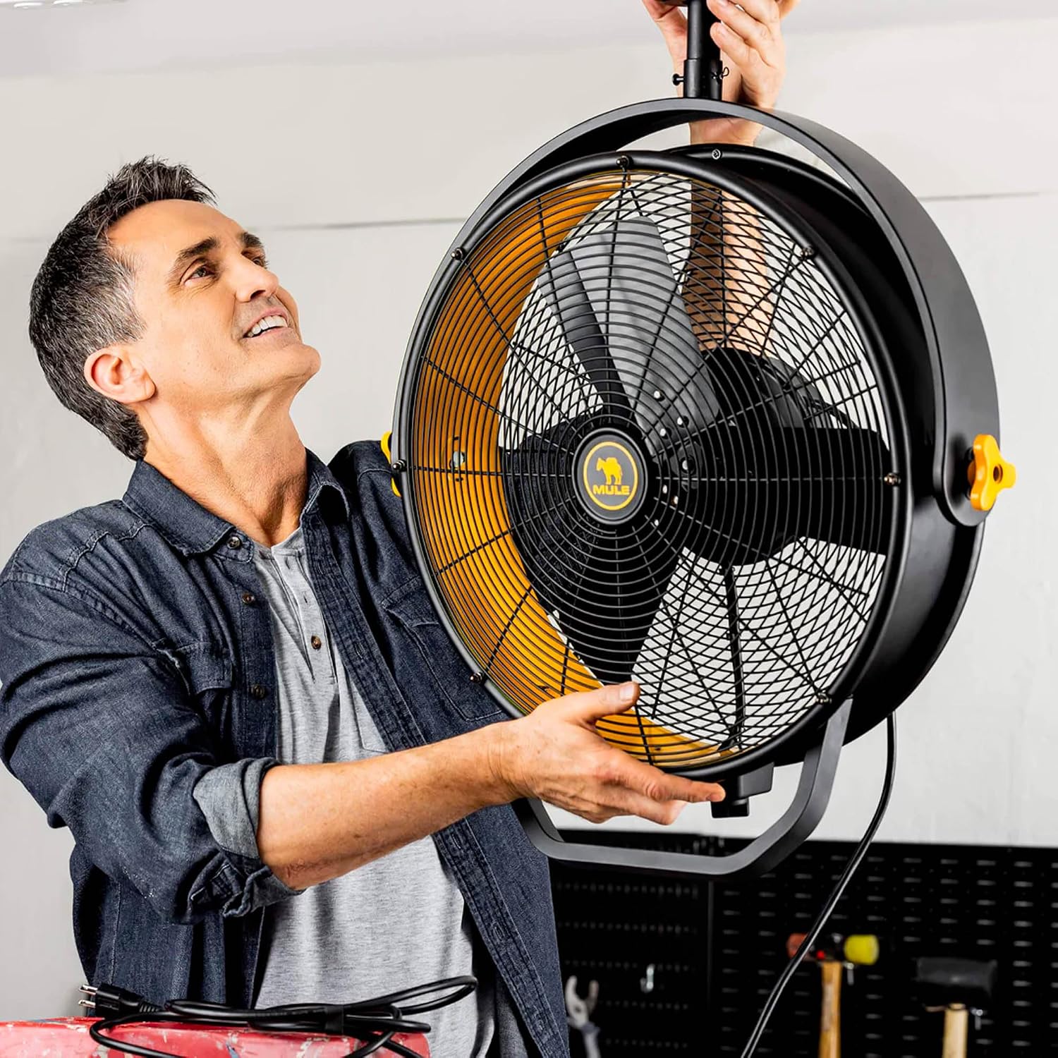 MULE 18 in. 3 Speed Ceiling Mounted Plug-In Cord Garage Fan with Remote - 52035-01 (Black & Yellow)