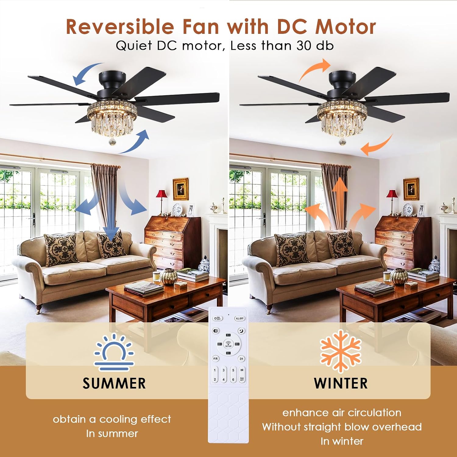 Asyko Chandelier Ceiling Fan -52' Crystal Ceiling Fan- Fandelier Fan Light Black with Remote, Reversible Motor, Dual-Sided 6 Blades, 3 Speed, Timer, Indoor Outdoor Fans, Living Room, Dining Room