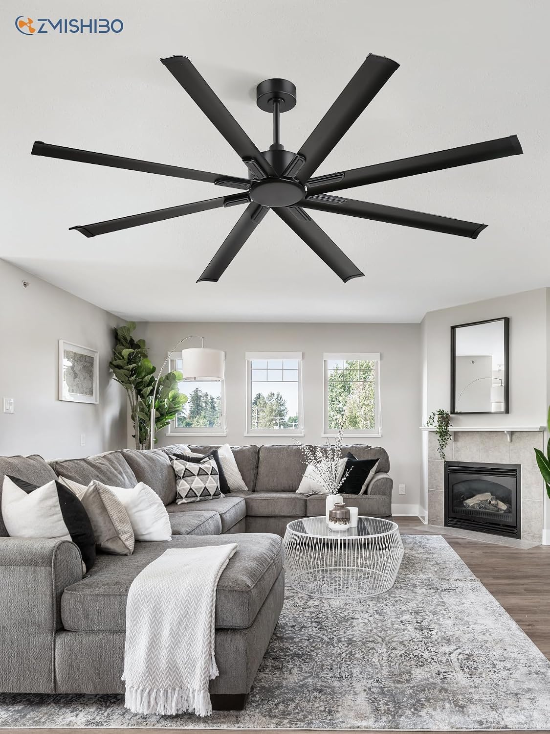 ZMISHIBO 72 Inch Ceiling Fan No Light, Large Black Ceiling Fan with Remote, Quiet DC Motor, and 6 Speeds, Indoor/Outdoor Industrial Ceiling Fans 8 Aluminum Blades for Patio, Garage, Shop, Black