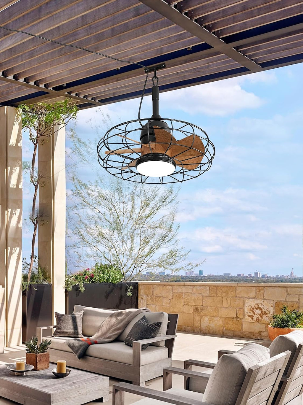 Outdoor Ceiling Fans with Lights for Patios,Plug in Gazebo Ceiling Fan with Remote Control,Waterproof Caged Hanging Fans with Hook 3CCT 6-Speed for Outside Porch