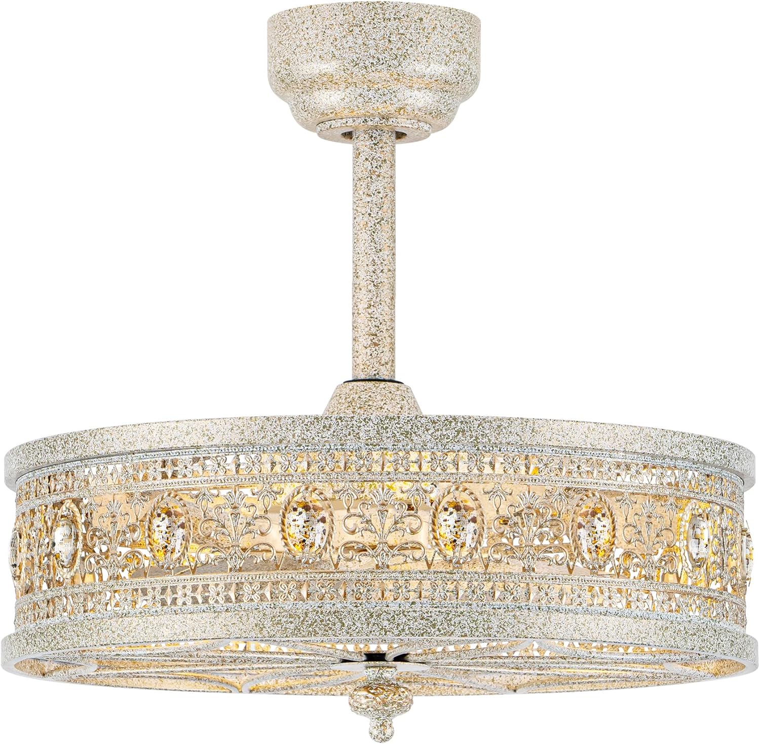 Fandelier Ceiling Fan with Light,French Coastal Ornate Caged Bladeless Chandelier Fan,Elegant Statement Crystal Round Drum Light Fixture,Hanging/Flush Mount for Bedroom,Kitchen,Dining Room,Living Room