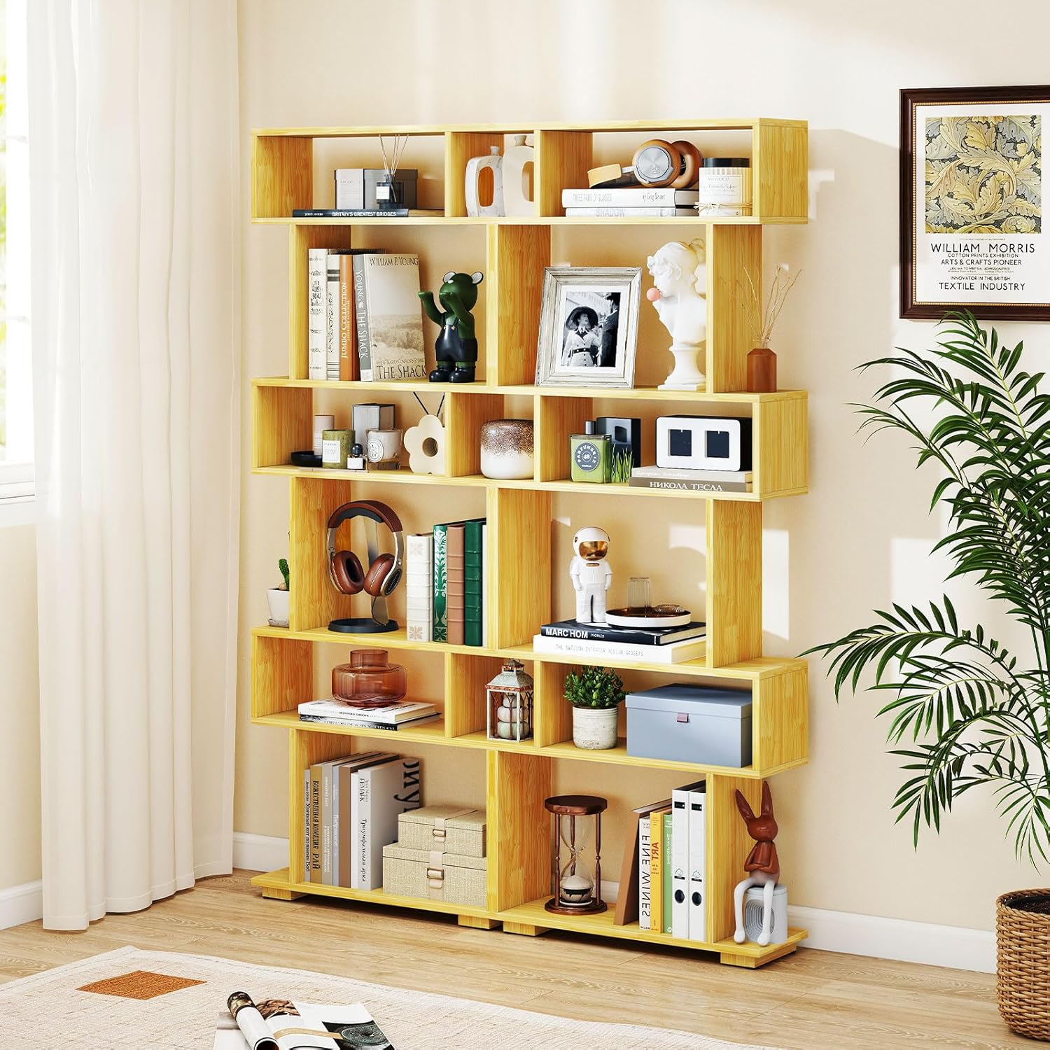 Giantex 6-Tier Geometric Bookshelves Set of 2, S-Shaped Bookcase with 2 Anti-Tipping Kits, Wooden Display Shelf, Decorative Storage Shelving Unit, Home Storage Organizer for Living Room, Burlywood